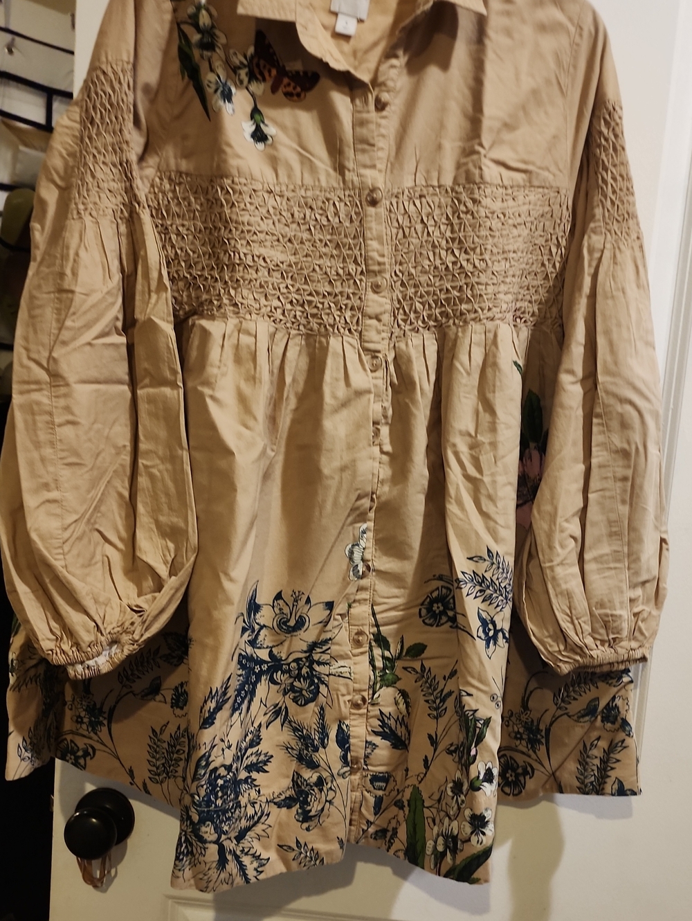 Anthropologie Beige Button-Front Floral Smocked Blouse